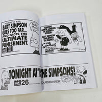 Open book with black and white cartoon-style advertisements for 'The Simpsons' on a white background